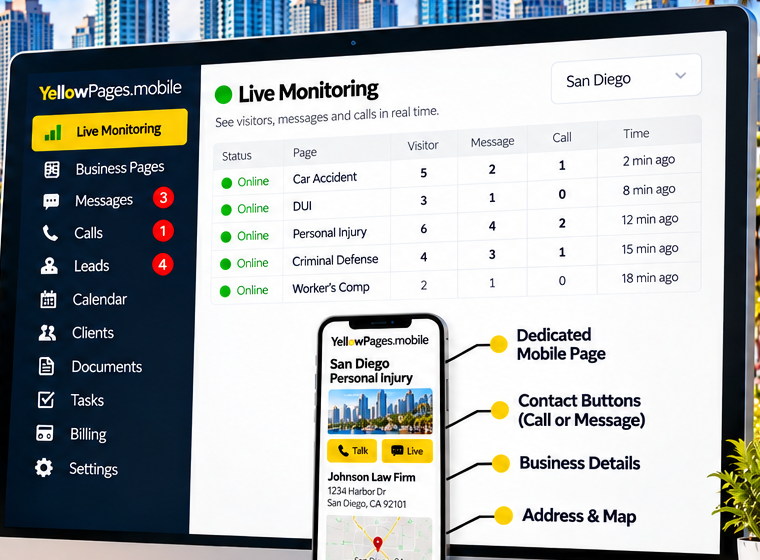 YellowPages.mobile live monitoring dashboard with San Diego business pages, visitor counts, messages, calls and a small mobile listing preview